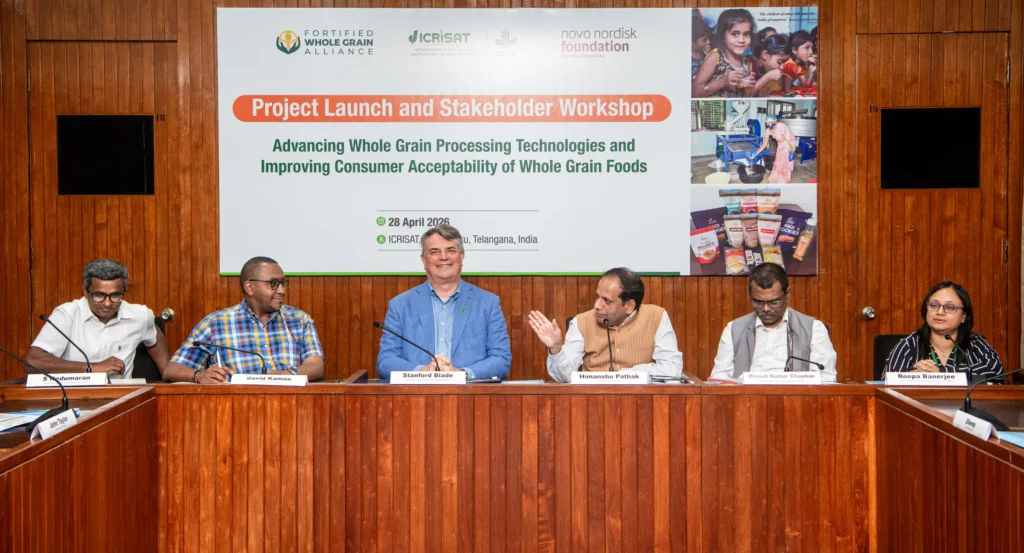 Experts, policymakers and nutrition scientists during the stakeholder workshop at ICRISAT discussing the future of fortified whole grains and millet-based school nutrition programs in India.