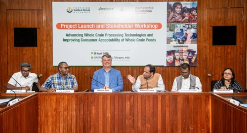 Experts, policymakers and nutrition scientists during the stakeholder workshop at ICRISAT discussing the future of fortified whole grains and millet-based school nutrition programs in India.